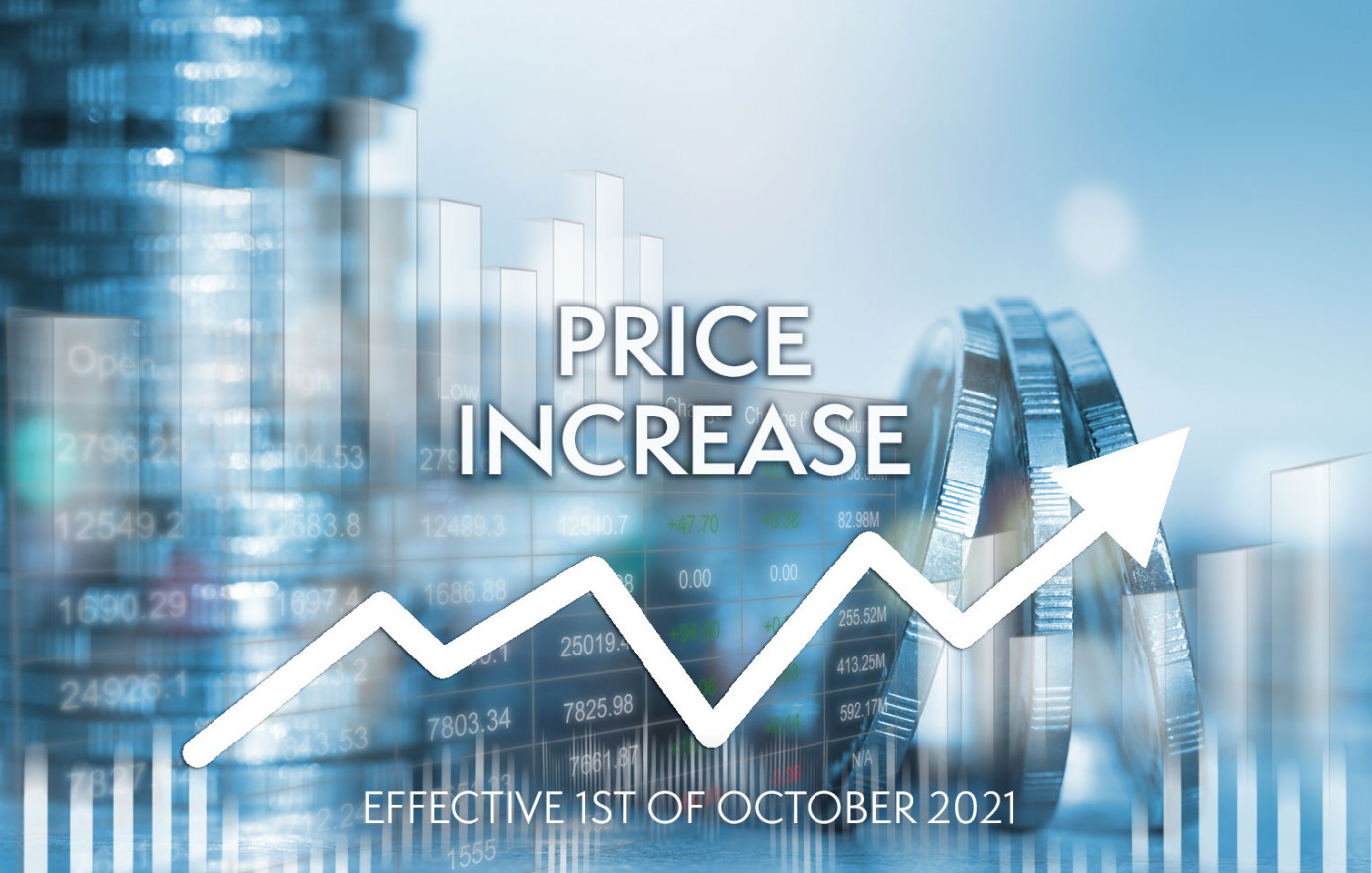 Graph and Coins Overlaid with Text "Price Increase Effective 1st October 2021"