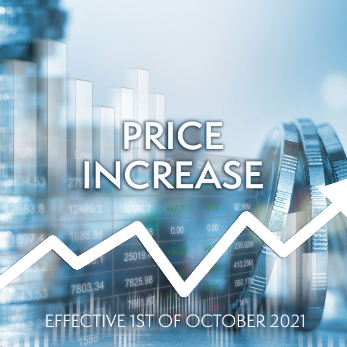 Graph and Coins Overlaid with Text "Price Increase Effective 1st October 2021"